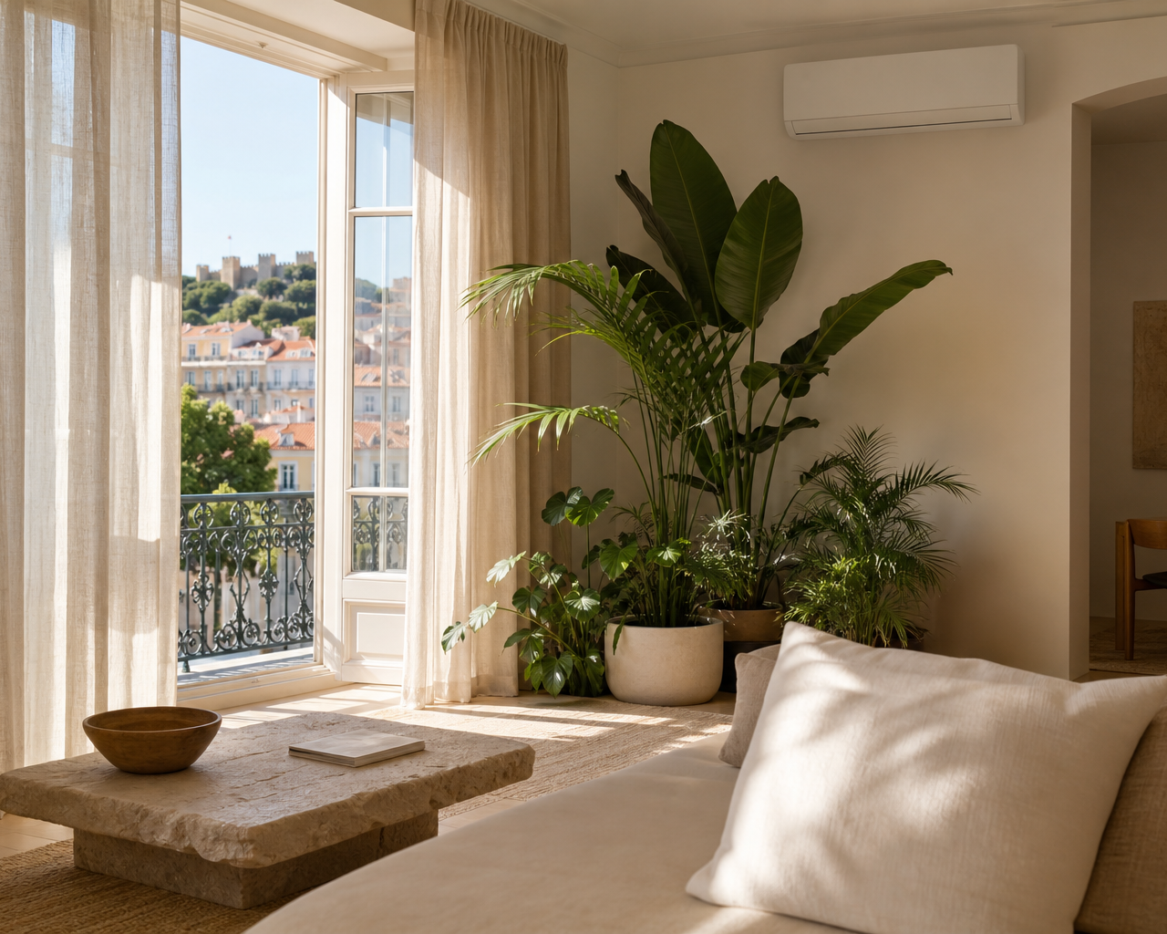 Sala de estar moderna em Lisboa com ar condicionado ecológico e plantas, ilustrando o conforto térmico sustentável.