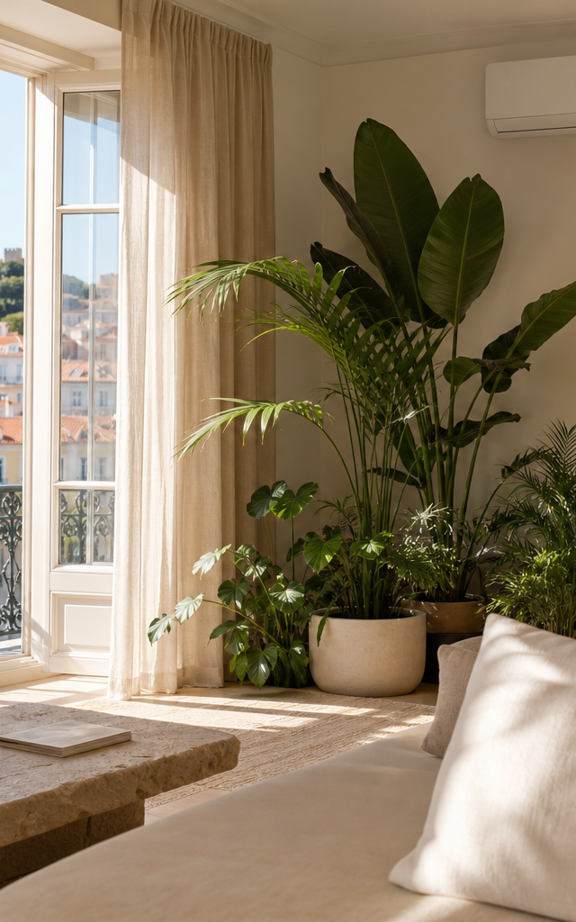 Sala de estar moderna em Lisboa com ar condicionado ecológico e plantas, ilustrando o conforto térmico sustentável.