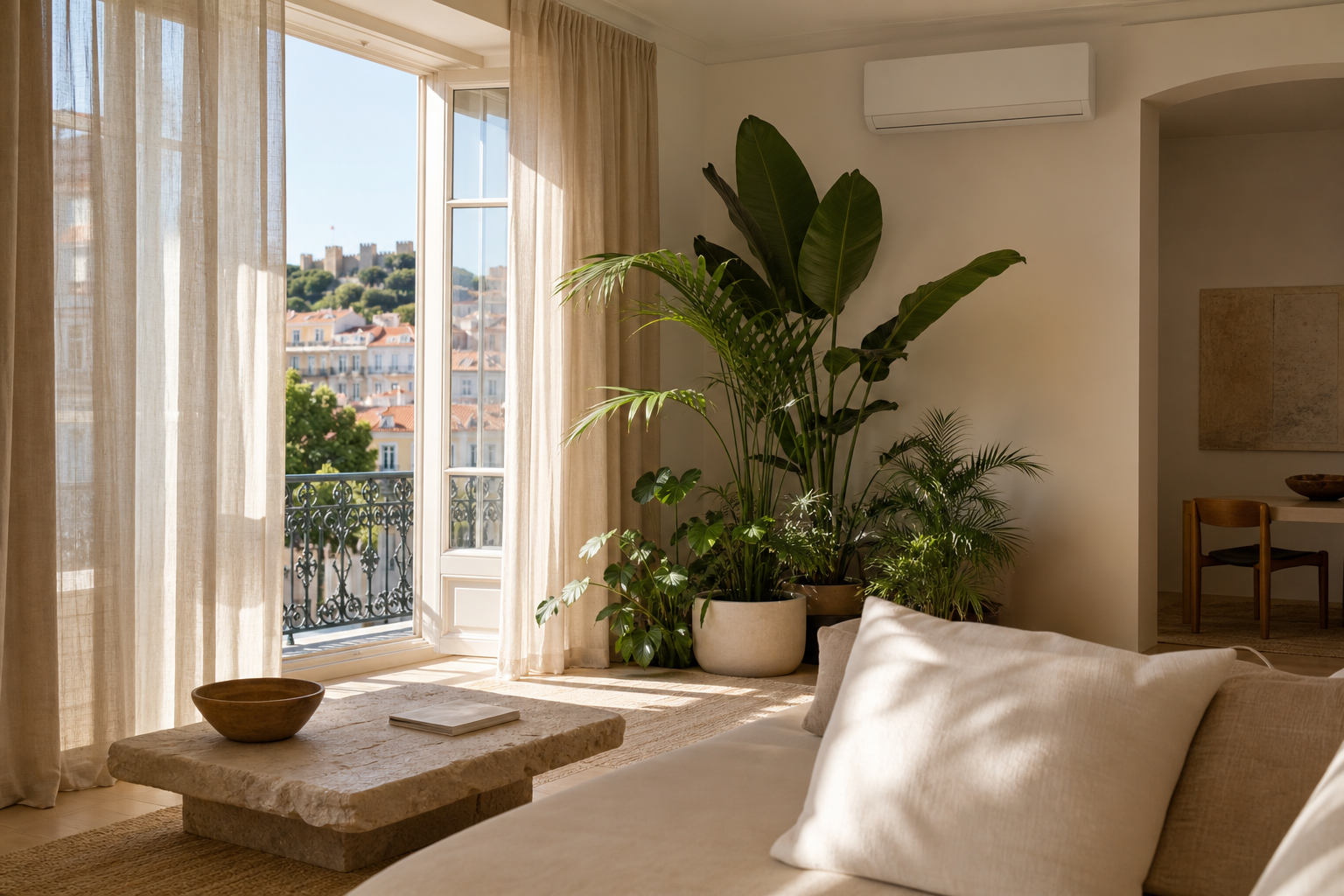 Sala de estar moderna em Lisboa com ar condicionado ecológico e plantas, ilustrando o conforto térmico sustentável.