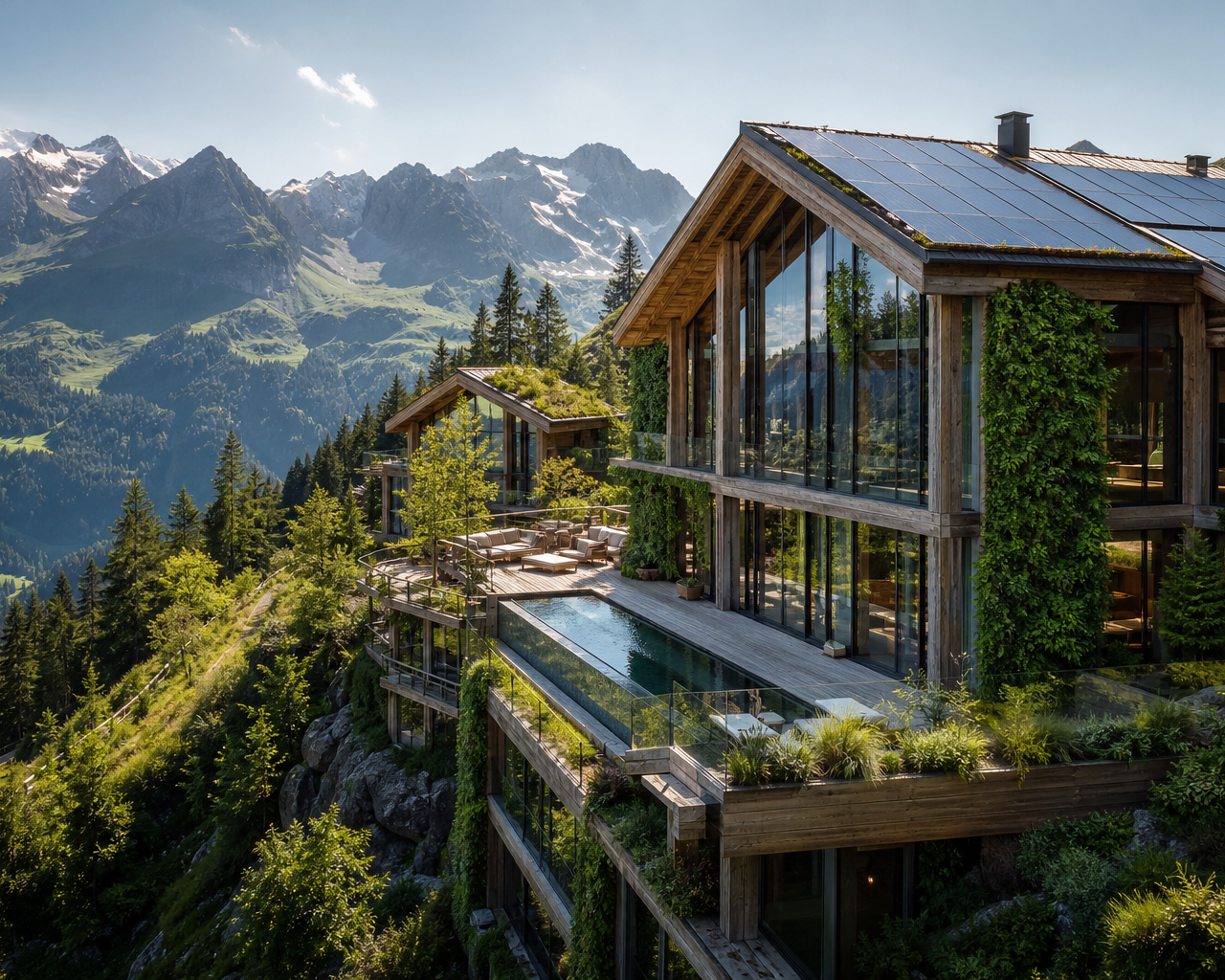 Ein modernes nachhaltiges veganes Eco-Resort in den Alpen mit Holzfassade und Solardach vor majestätischer Bergkulisse im Sommer.