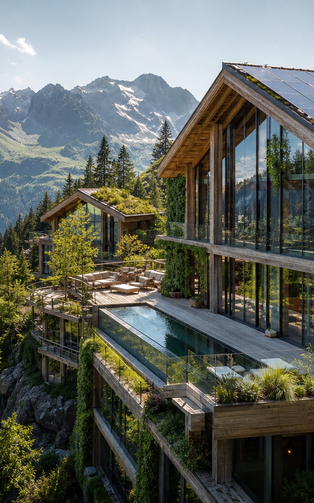 Ein modernes nachhaltiges veganes Eco-Resort in den Alpen mit Holzfassade und Solardach vor majestätischer Bergkulisse im Sommer.