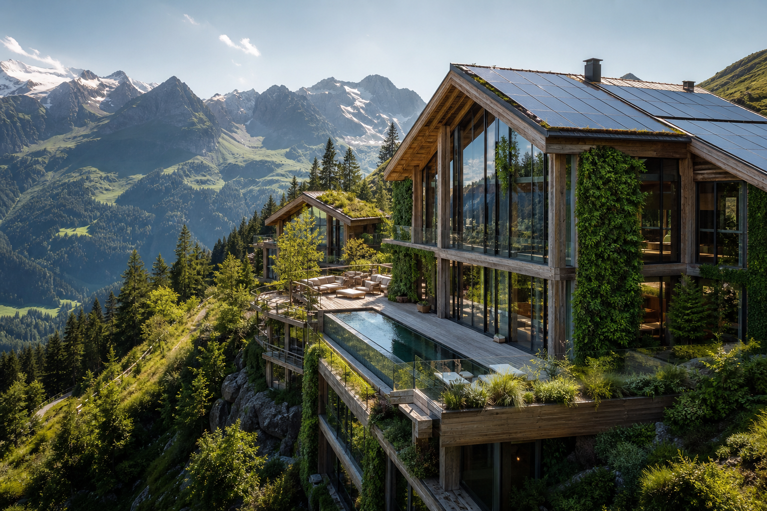 Ein modernes nachhaltiges veganes Eco-Resort in den Alpen mit Holzfassade und Solardach vor majestätischer Bergkulisse im Sommer.