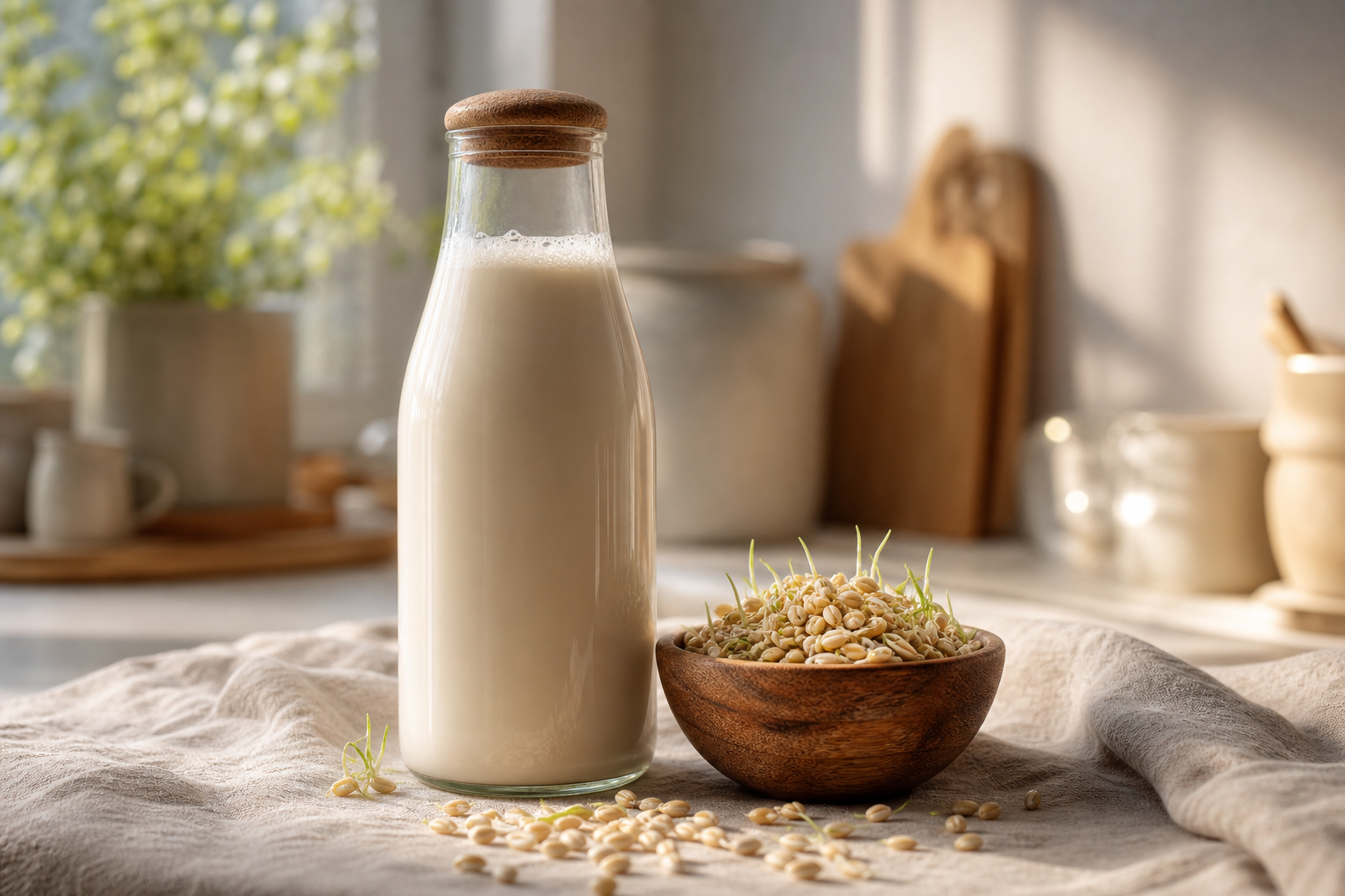 A glass bottle of creamy sprouted grain milk standing next to germinated seeds on a sunlit counter.