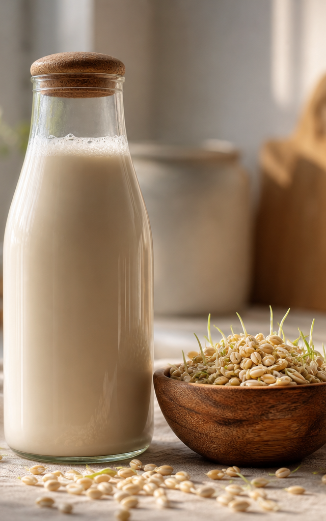 A glass bottle of creamy sprouted grain milk standing next to germinated seeds on a sunlit counter.