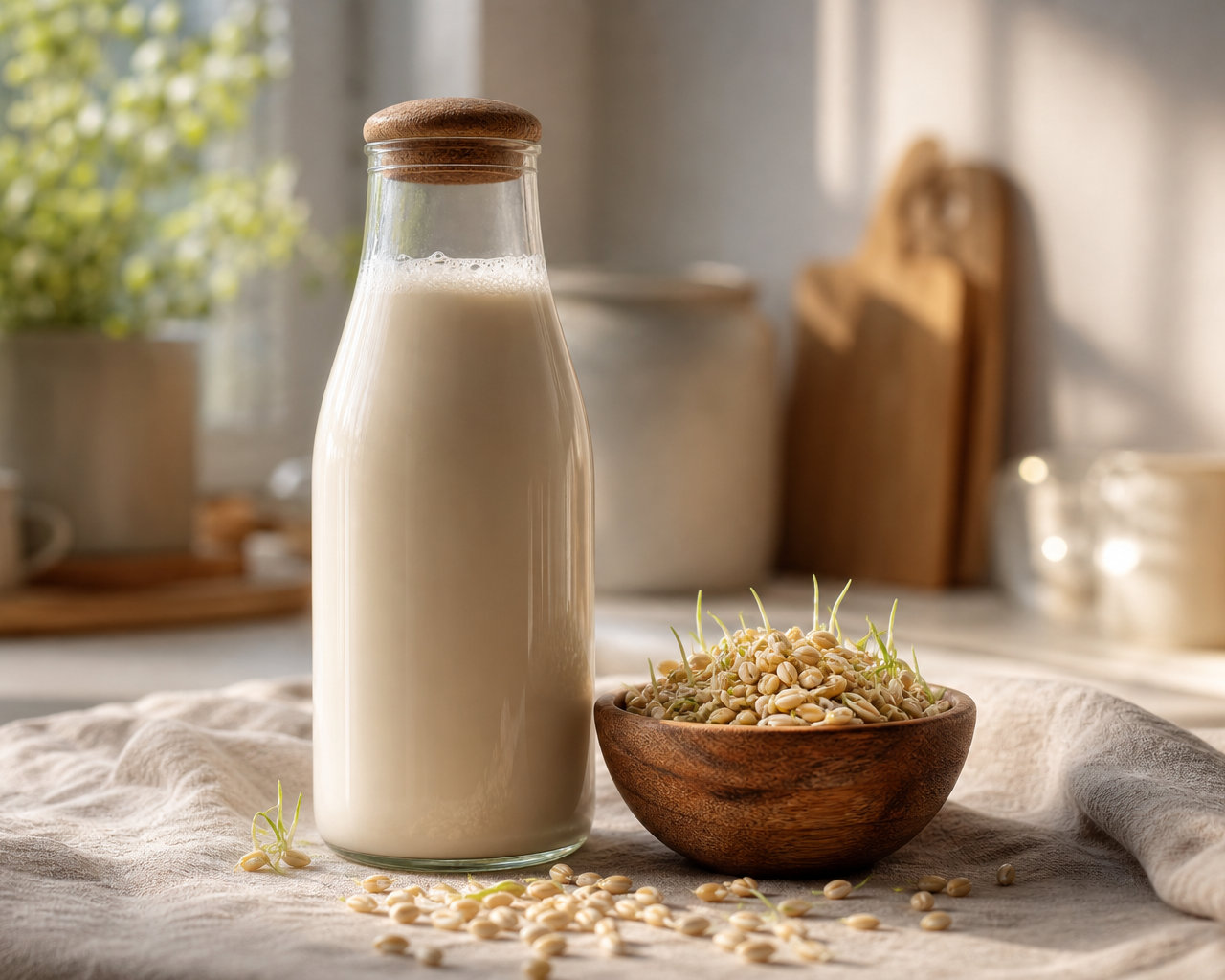 A glass bottle of creamy sprouted grain milk standing next to germinated seeds on a sunlit counter.