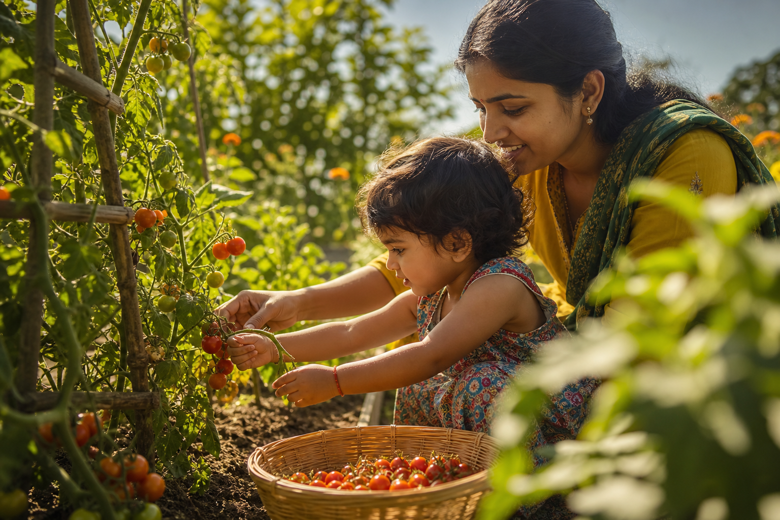 एक छोटे बच्चे को ताजी सब्जियां खिलाती माँ, जो भारत में Plant-Based Parenting के पोषण और प्रेम को दर्शाता है।