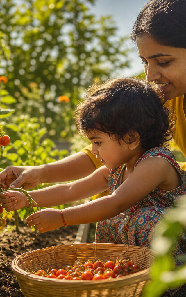 एक छोटे बच्चे को ताजी सब्जियां खिलाती माँ, जो भारत में Plant-Based Parenting के पोषण और प्रेम को दर्शाता है।