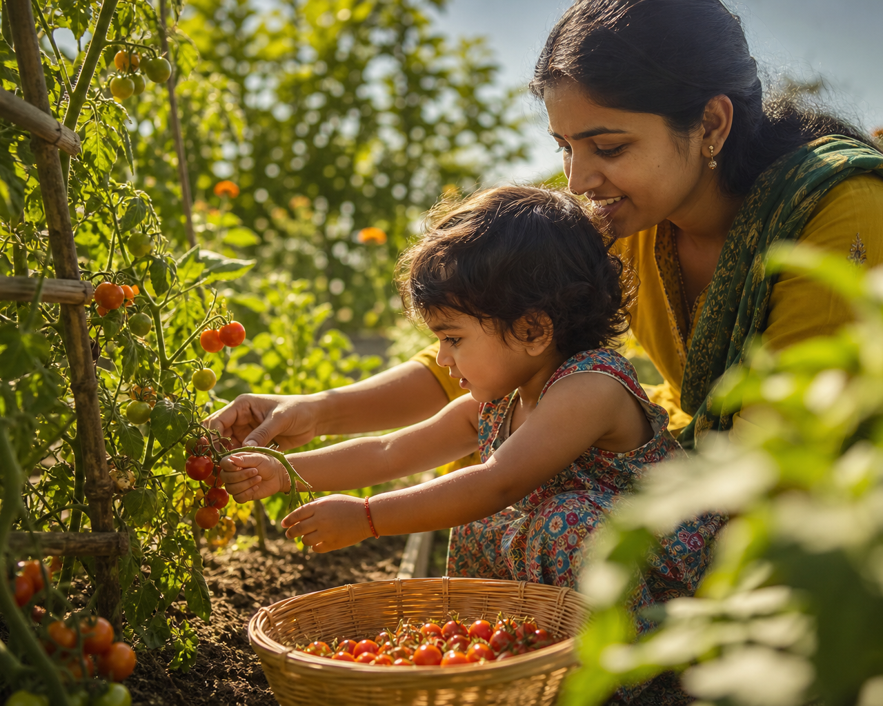 एक छोटे बच्चे को ताजी सब्जियां खिलाती माँ, जो भारत में Plant-Based Parenting के पोषण और प्रेम को दर्शाता है।