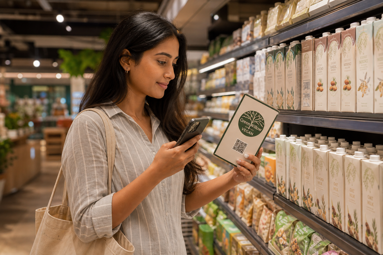 भारतीय सुपरमार्केट में एक उपभोक्ता FSSAI Vegan Logo वाले उत्पाद को ध्यान से देख रहा है और मोबाइल ऐप का उपयोग कर रहा है।