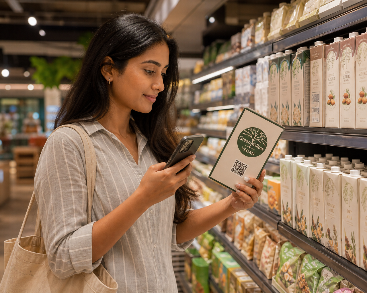 भारतीय सुपरमार्केट में एक उपभोक्ता FSSAI Vegan Logo वाले उत्पाद को ध्यान से देख रहा है और मोबाइल ऐप का उपयोग कर रहा है।