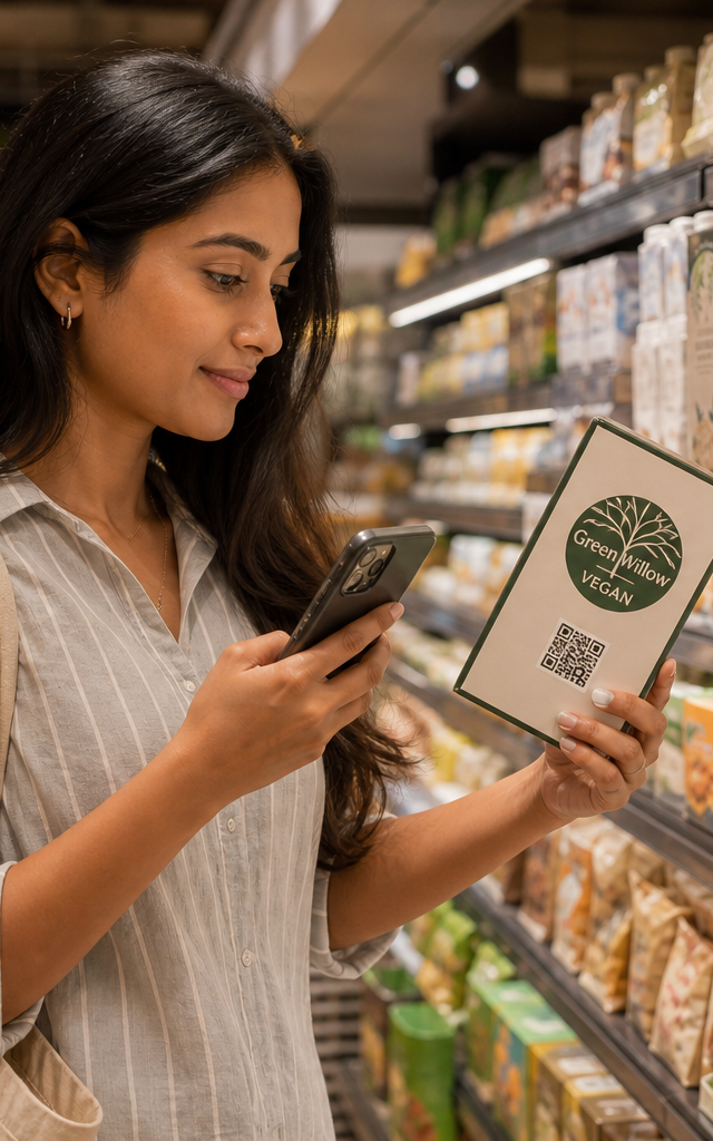 भारतीय सुपरमार्केट में एक उपभोक्ता FSSAI Vegan Logo वाले उत्पाद को ध्यान से देख रहा है और मोबाइल ऐप का उपयोग कर रहा है।