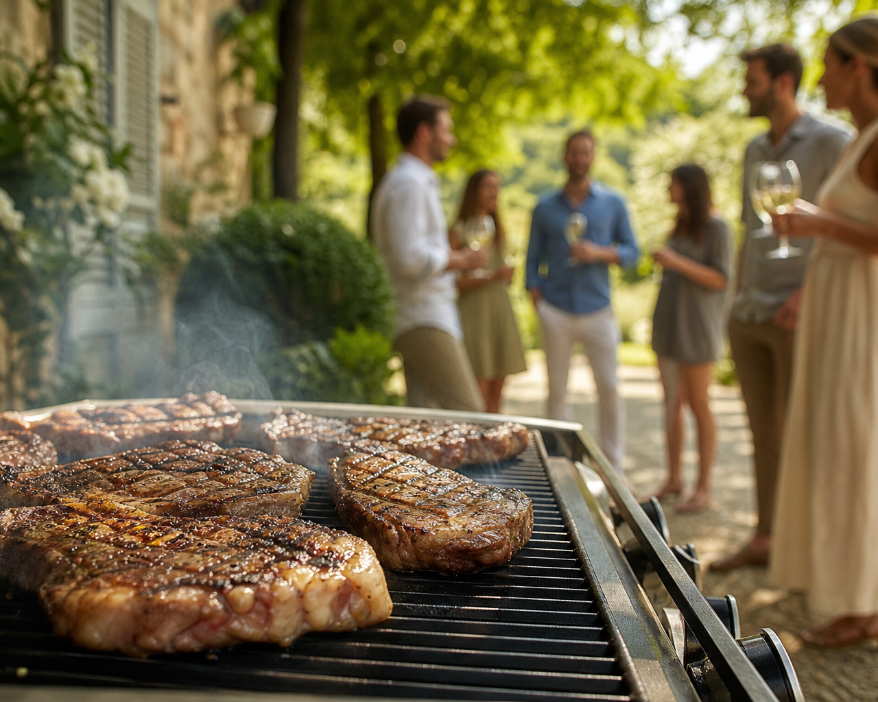 Steaks hybrides aux cellules cultivées saisissant sur un barbecue moderne durant un après-midi d'été en France.