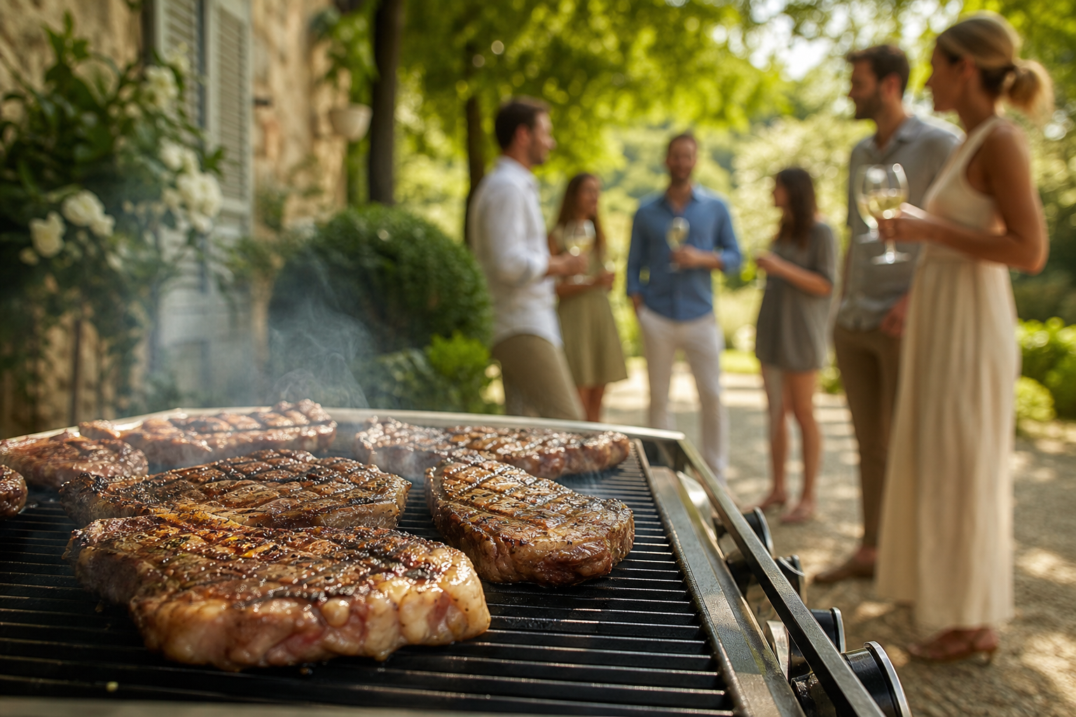 Steaks hybrides aux cellules cultivées saisissant sur un barbecue moderne durant un après-midi d'été en France.