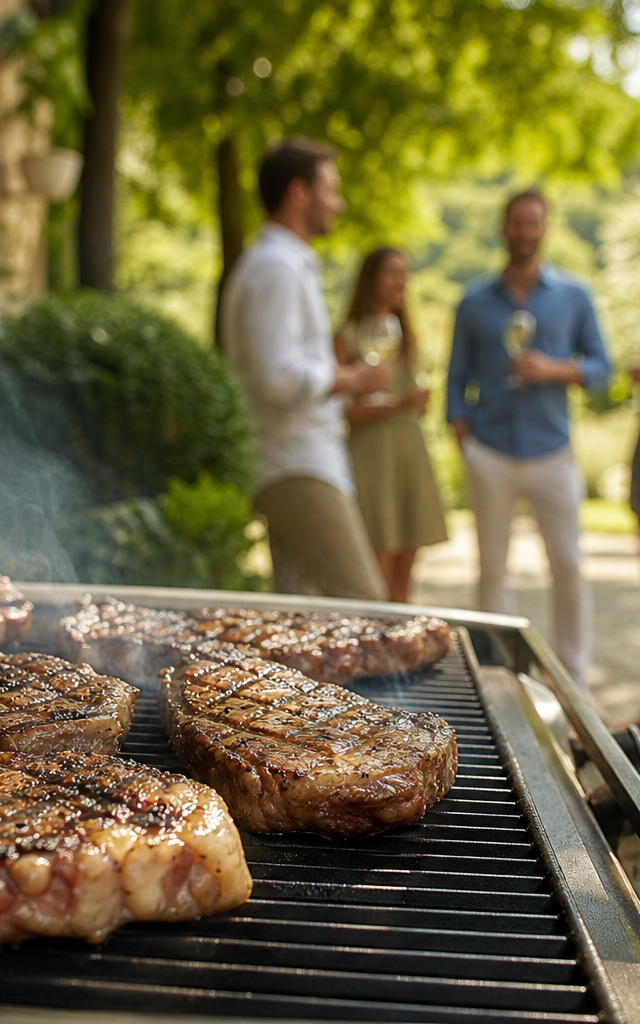 Steaks hybrides aux cellules cultivées saisissant sur un barbecue moderne durant un après-midi d'été en France.