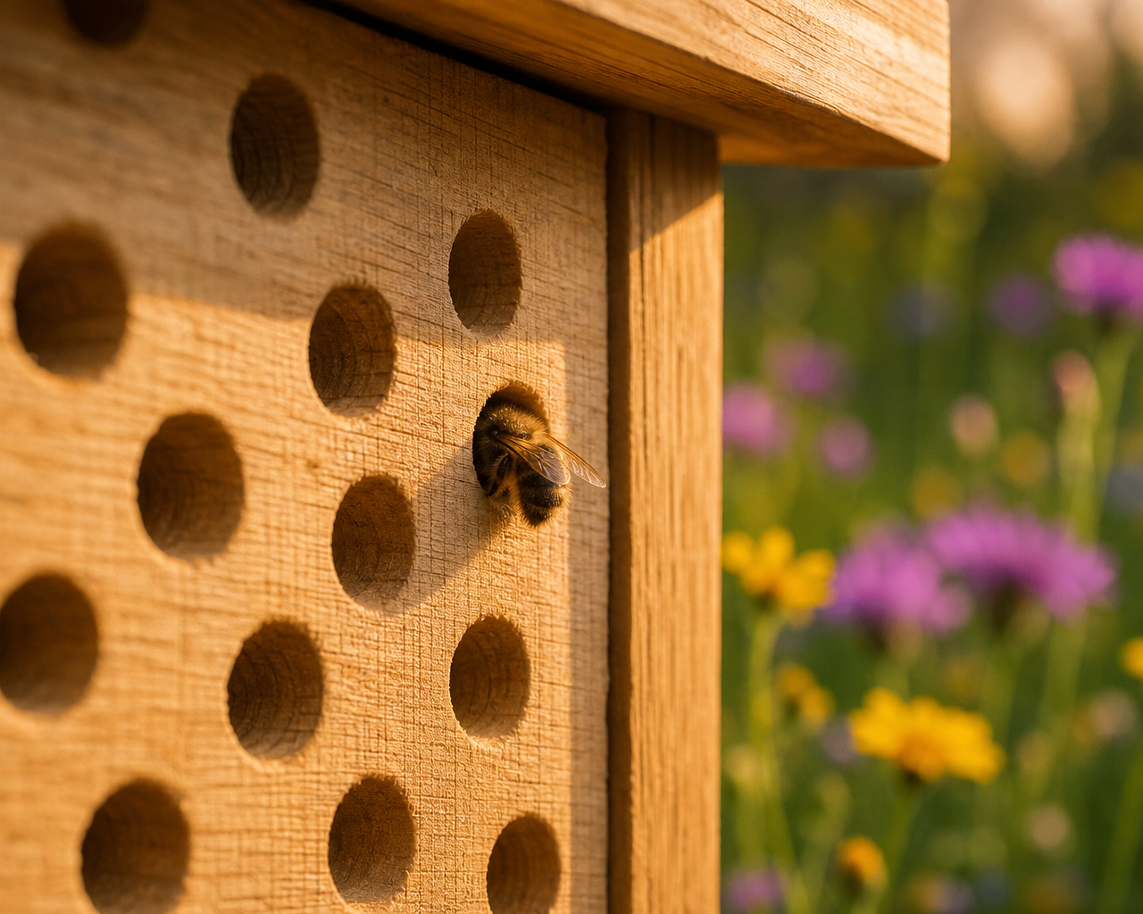 Ein hochwertiges Insektenhotel aus Hartholz mit perfekt glatten Bohrlöchern in einem sonnigen Naturgarten.
