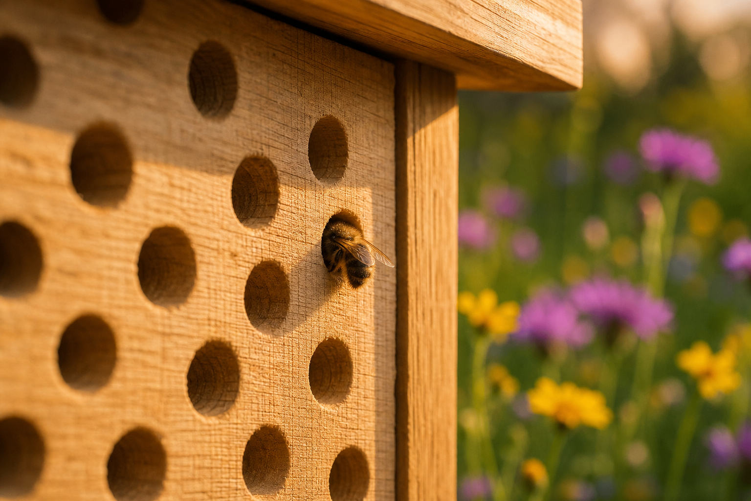 Ein hochwertiges Insektenhotel aus Hartholz mit perfekt glatten Bohrlöchern in einem sonnigen Naturgarten.