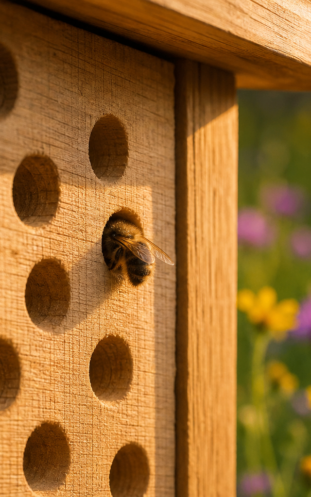 Ein hochwertiges Insektenhotel aus Hartholz mit perfekt glatten Bohrlöchern in einem sonnigen Naturgarten.