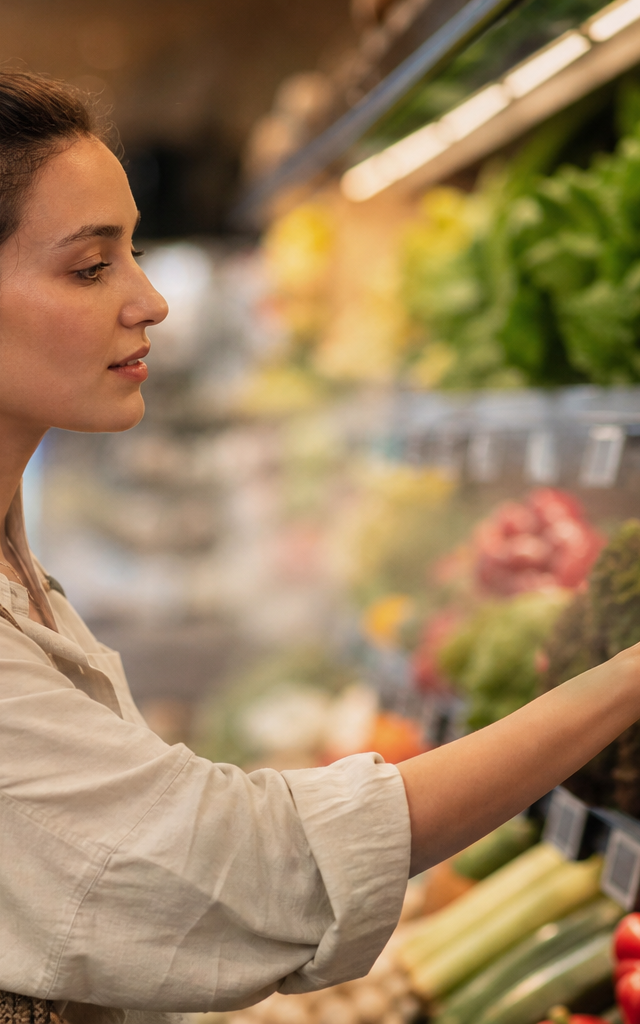 Consumidor en un supermercado español revisando precios influenciados por el Impuesto Bienestar Animal España 2026 en productos frescos.