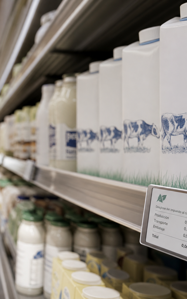 Lineal de supermercado en España mostrando el desglose del impuesto al carbono lácteo en etiquetas digitales modernas.