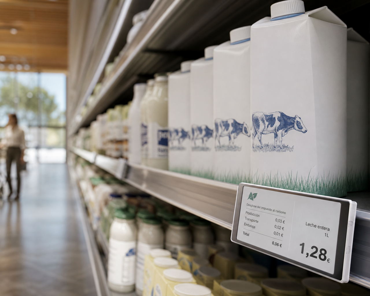 Lineal de supermercado en España mostrando el desglose del impuesto al carbono lácteo en etiquetas digitales modernas.