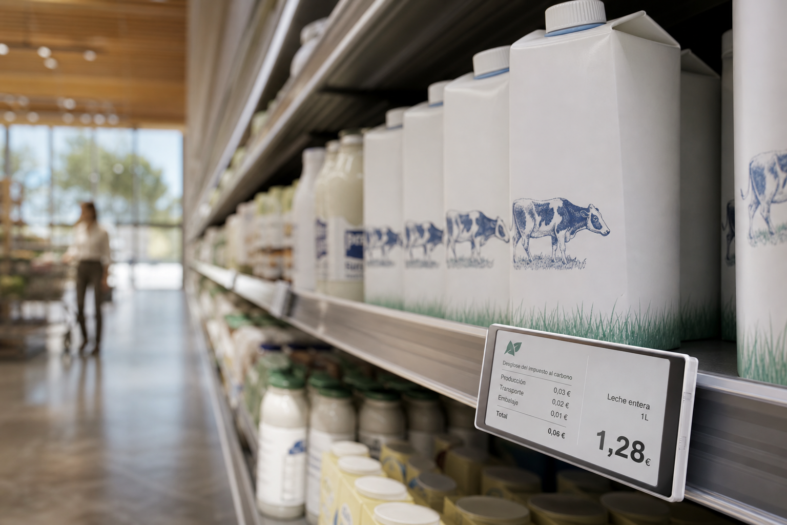 Lineal de supermercado en España mostrando el desglose del impuesto al carbono lácteo en etiquetas digitales modernas.