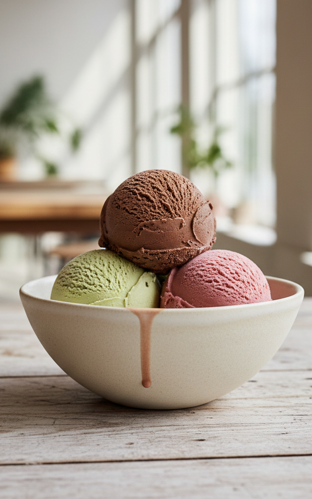 Três bolas de gelado vegan artesanal de pistachio, chocolate e framboesa, servidas numa taça de cerâmica num ambiente luminoso e sustentável.