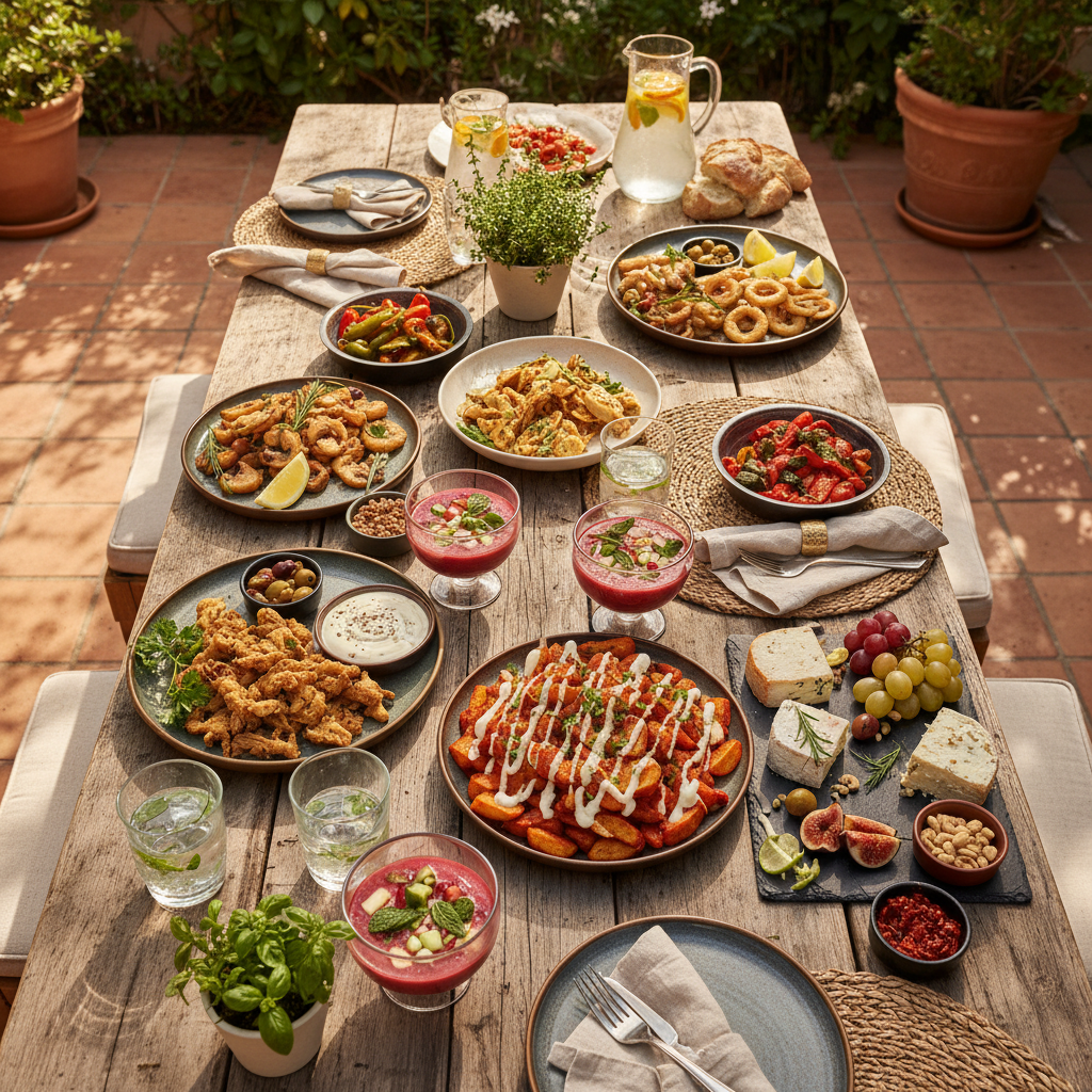 Una mesa de madera con una colorida y variada selección de tapas veganas que muestra las tendencias de cocina vegana en España.