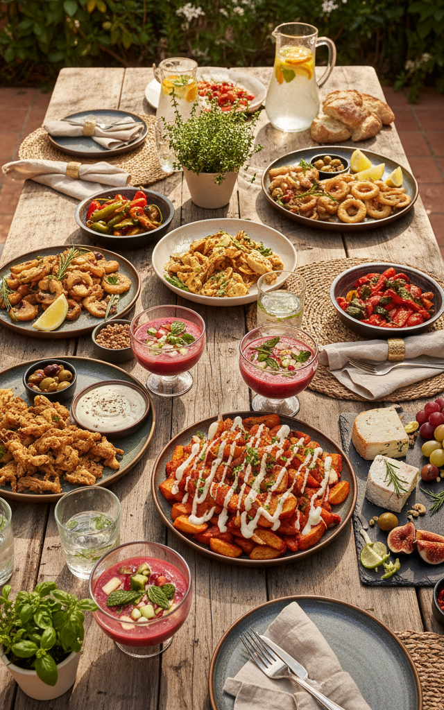 Una mesa de madera con una colorida y variada selección de tapas veganas que muestra las tendencias de cocina vegana en España.