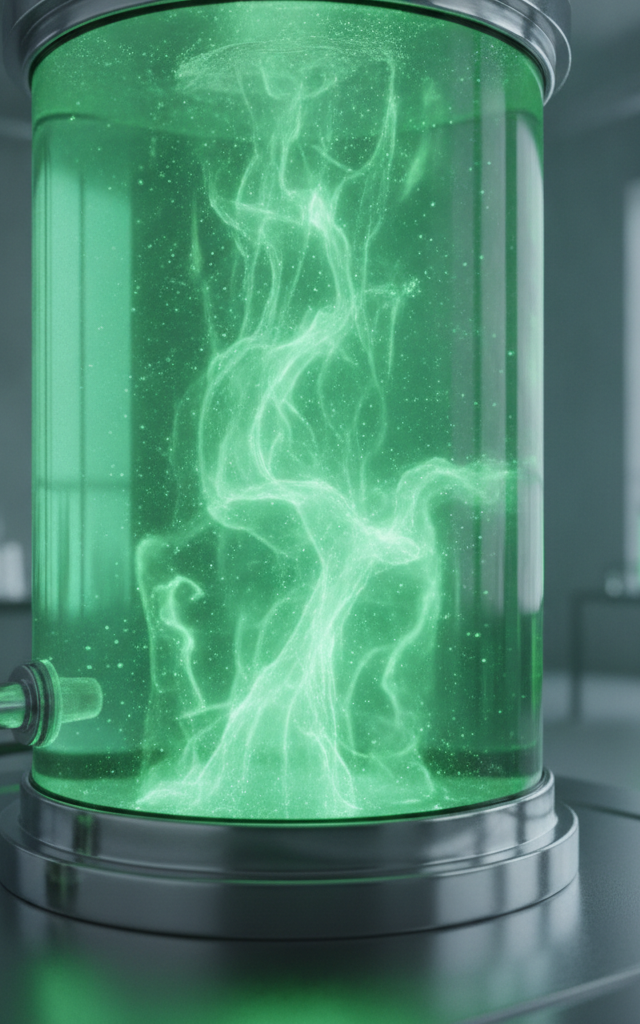 A glowing green bioreactor tank filled with swirling microalgae, showing how sustainable algae oil is produced in a clean lab.
