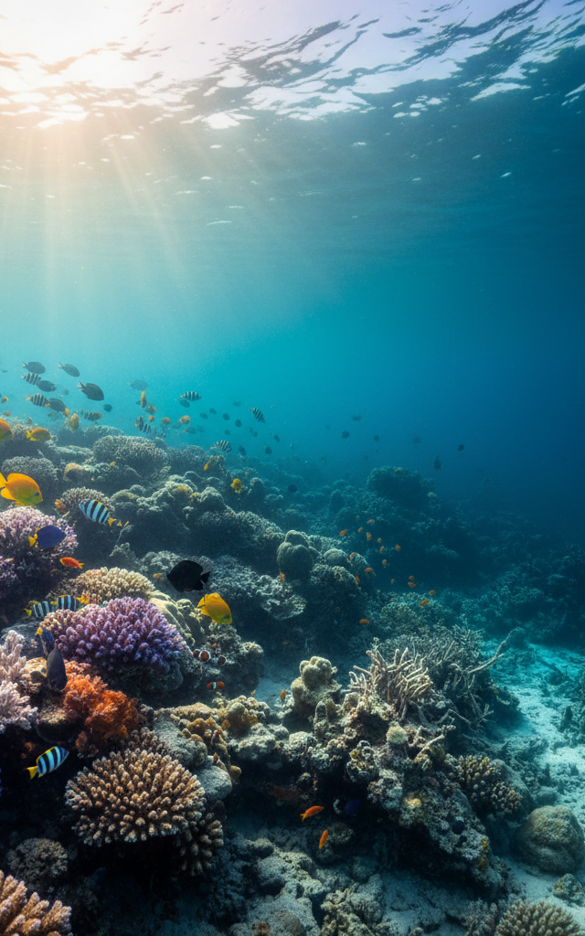 Um recife de coral vibrante e colorido que se desvanece numa zona cinzenta e sem vida, ilustrando a necessidade de alternativas sustentáveis ao marisco.