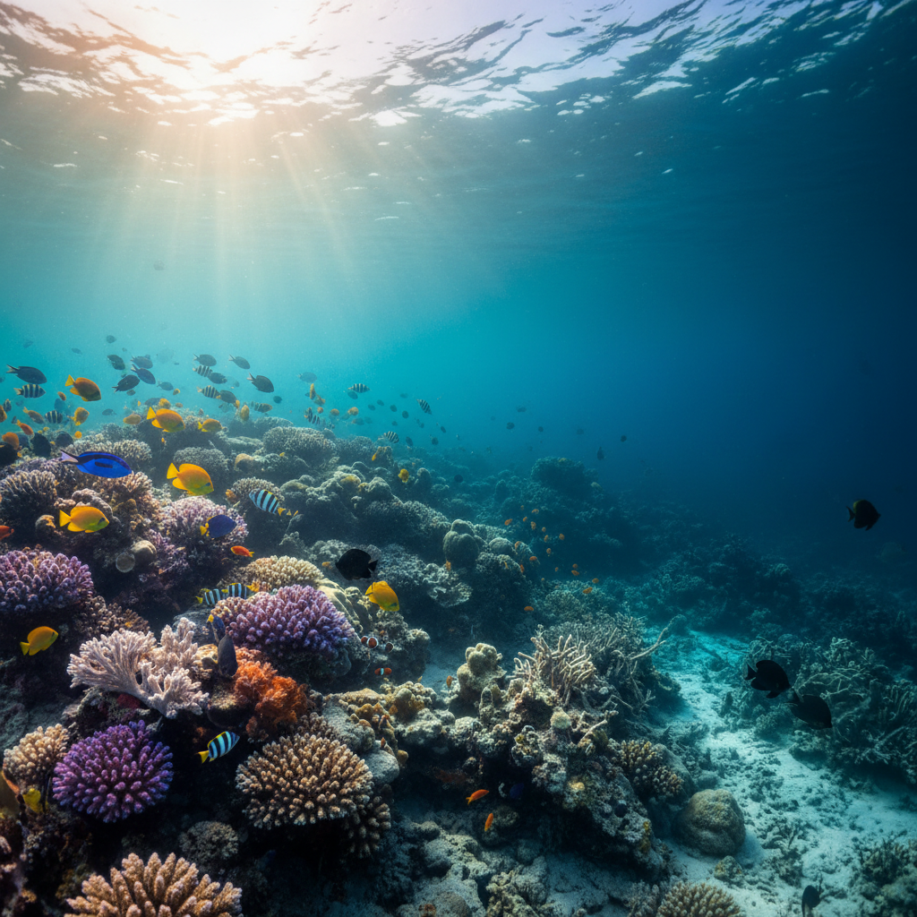 Um recife de coral vibrante e colorido que se desvanece numa zona cinzenta e sem vida, ilustrando a necessidade de alternativas sustentáveis ao marisco.