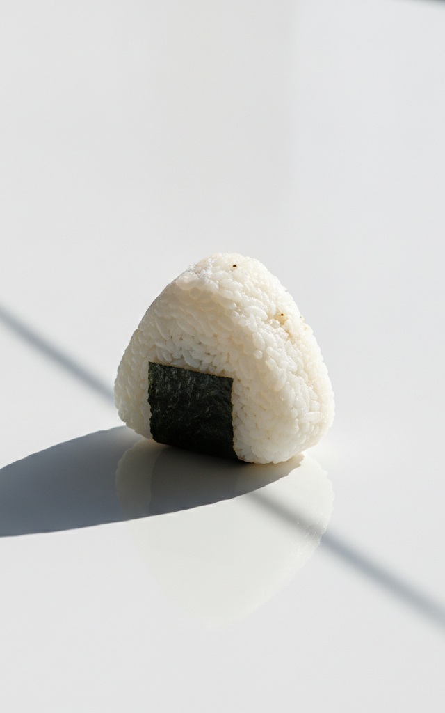 白い無菌質なテーブルの上に置かれた一個のおにぎり。コンビニ食品のデメリットを象徴する、冷たく人工的な雰囲気の写真。