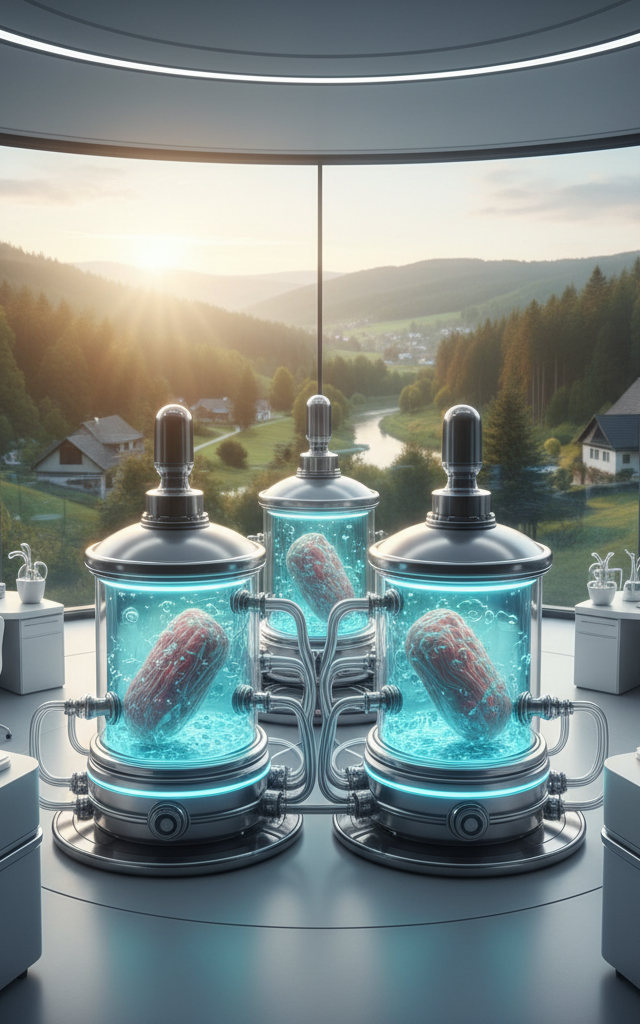 Eine futuristische Vision für zellkultiviertes Fleisch in Deutschland mit sauberen Bioreaktoren vor einem Fenster mit einer grünen Landschaft.