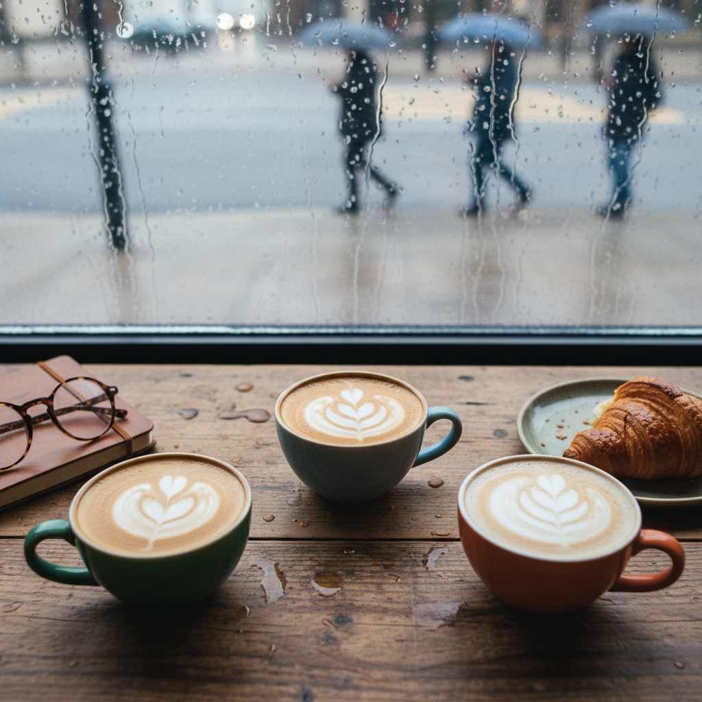 Trois tasses de café au lait végétal vues de dessus, illustrant le choix difficile pour trouver le meilleur lait végétal pour le climat.