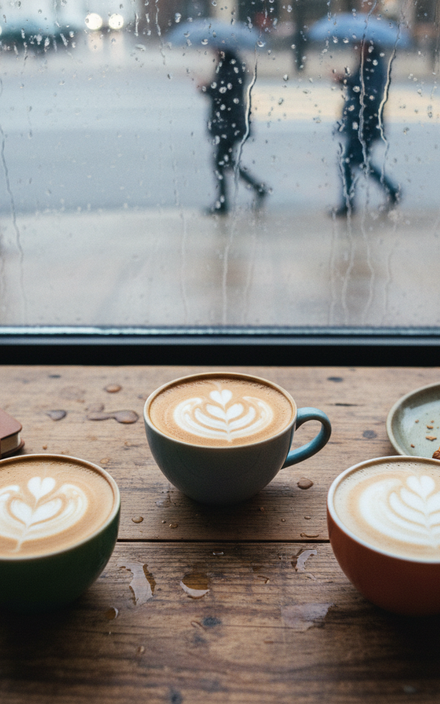 Trois tasses de café au lait végétal vues de dessus, illustrant le choix difficile pour trouver le meilleur lait végétal pour le climat.