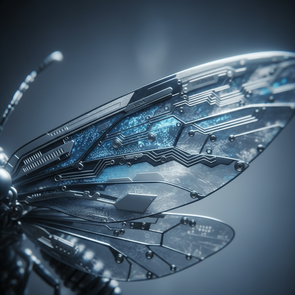 Eine abstrakte Nahaufnahme eines metallisch schimmernden Insektenflügels, was die Debatte um Insekten als Fleischersatz symbolisiert.