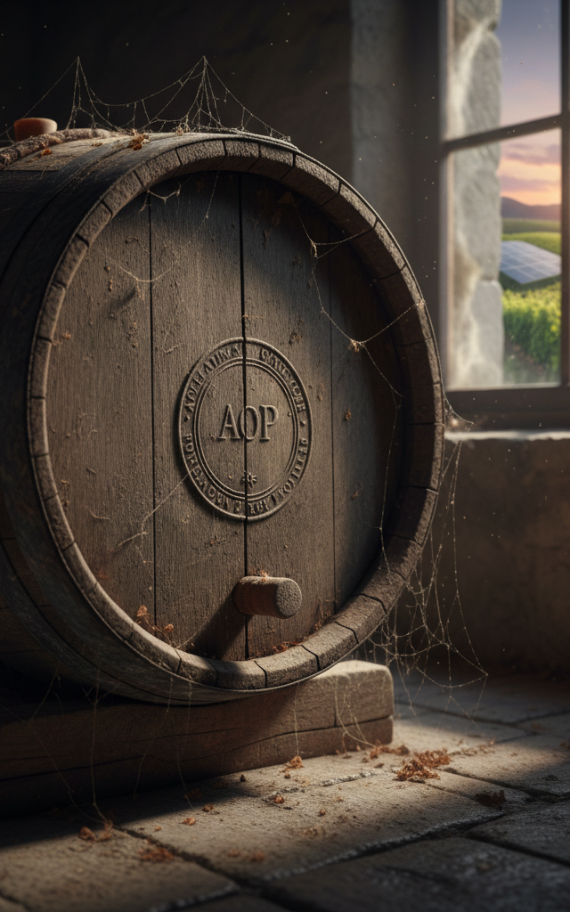Un vieux tonneau de vin fissuré portant un sceau AOP, symbolisant les appellations françaises face au défi de l'agriculture durable.