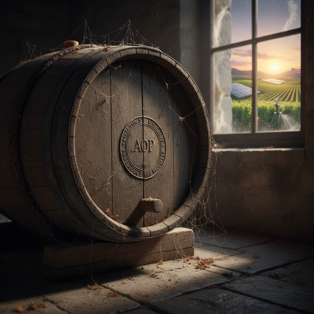 Un vieux tonneau de vin fissuré portant un sceau AOP, symbolisant les appellations françaises face au défi de l'agriculture durable.