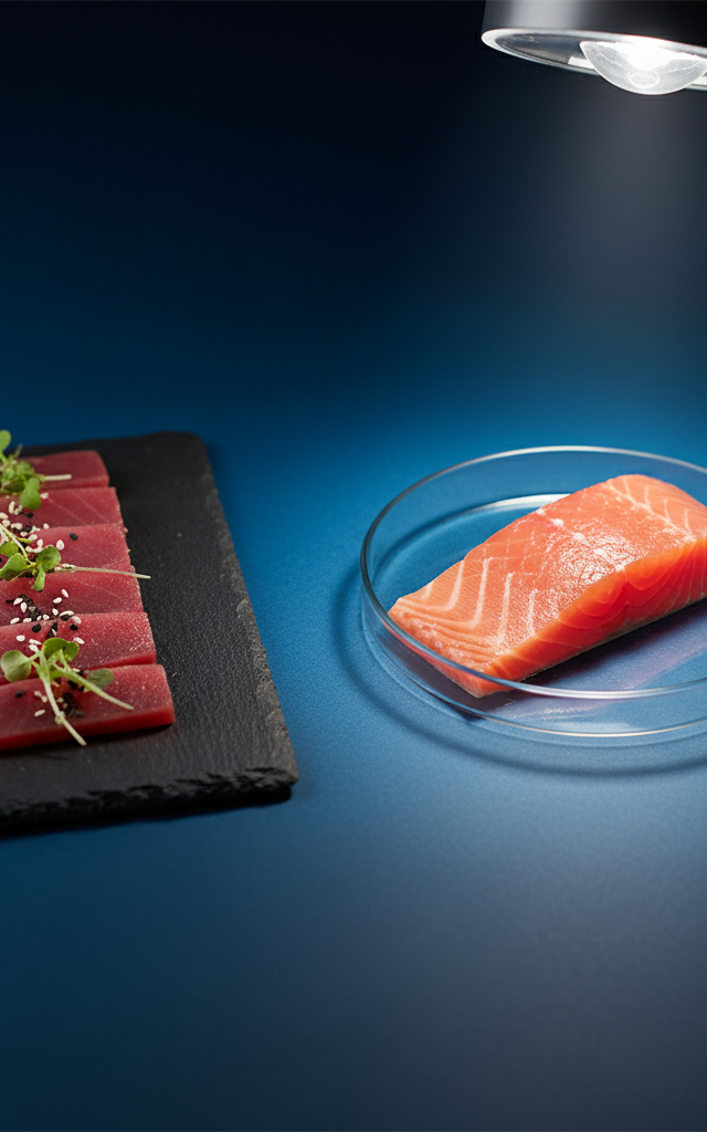 A split-view image showing edible plant-based ahi tuna versus a sample of lab-grown salmon, representing two types of sustainable seafood alternatives.