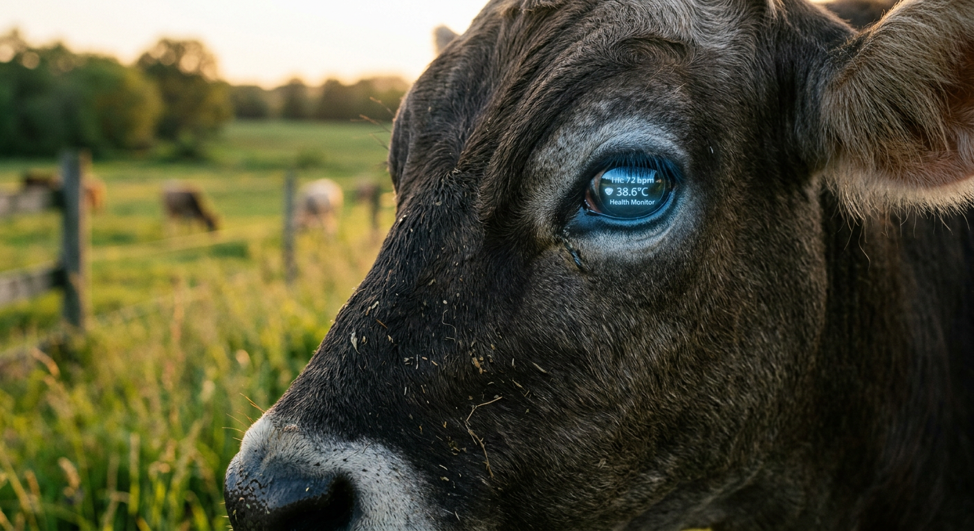 Close-up of a cow's eye reflecting a digital AI health interface, illustrating AI in animal welfare technology.