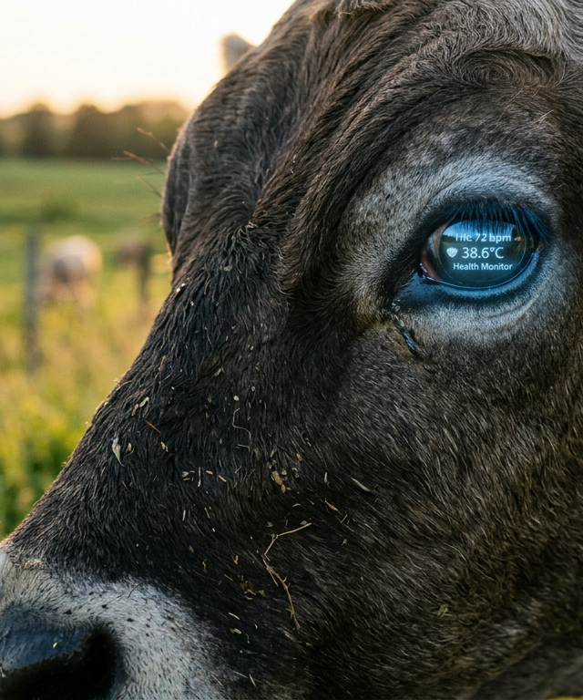 Close-up of a cow's eye reflecting a digital AI health interface, illustrating AI in animal welfare technology.