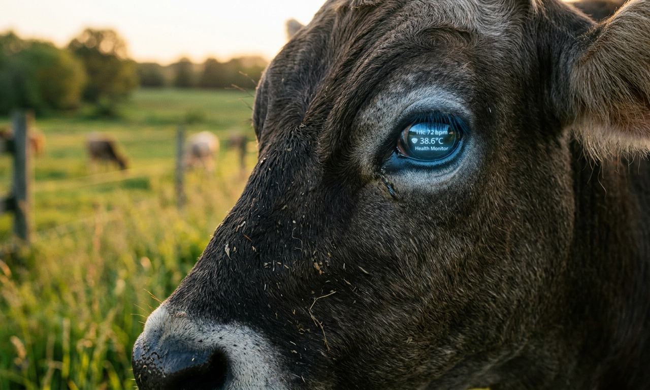 Close-up of a cow's eye reflecting a digital AI health interface, illustrating AI in animal welfare technology.