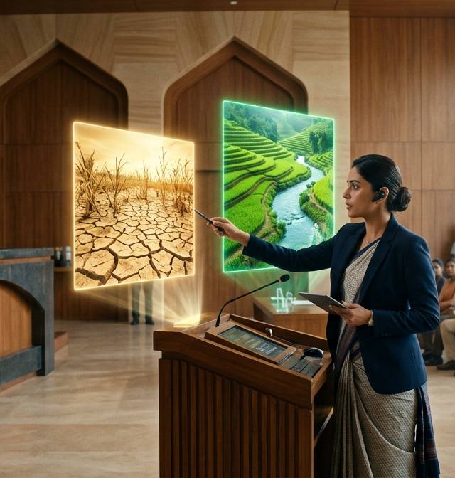 भारत में जलवायु मुकदमे की सुनवाई के दौरान पादप-आधारित समाधानों पर चर्चा करता एक आधुनिक कानूनी परिदृश्य।