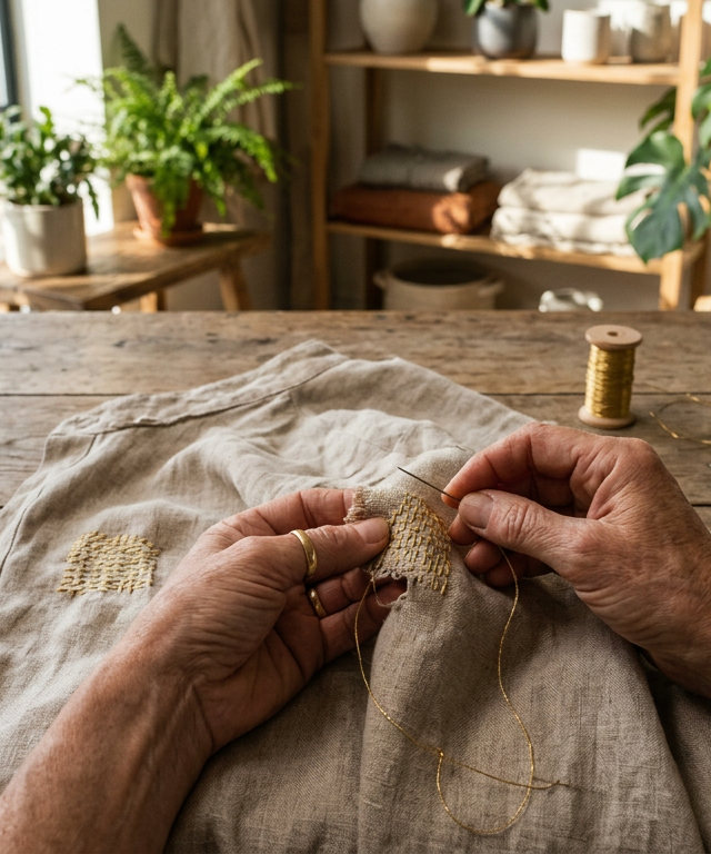 Manos artesanas reparando una prenda de lino orgánico bajo luz natural, ejemplificando qué es la moda circular.