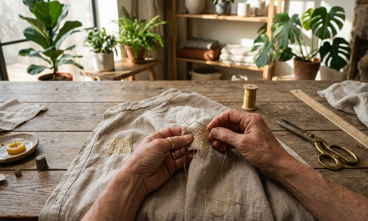Manos artesanas reparando una prenda de lino orgánico bajo luz natural, ejemplificando qué es la moda circular.