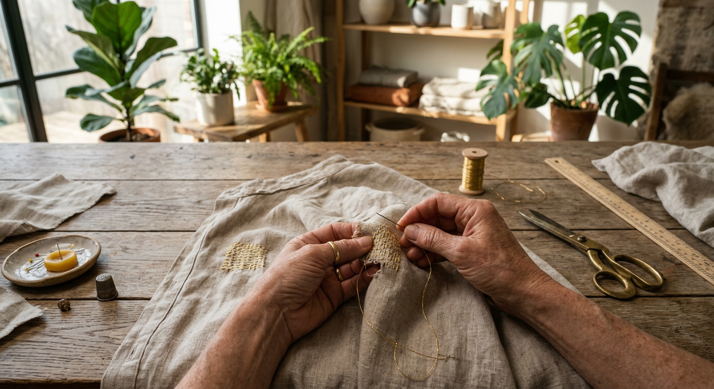 Manos artesanas reparando una prenda de lino orgánico bajo luz natural, ejemplificando qué es la moda circular.