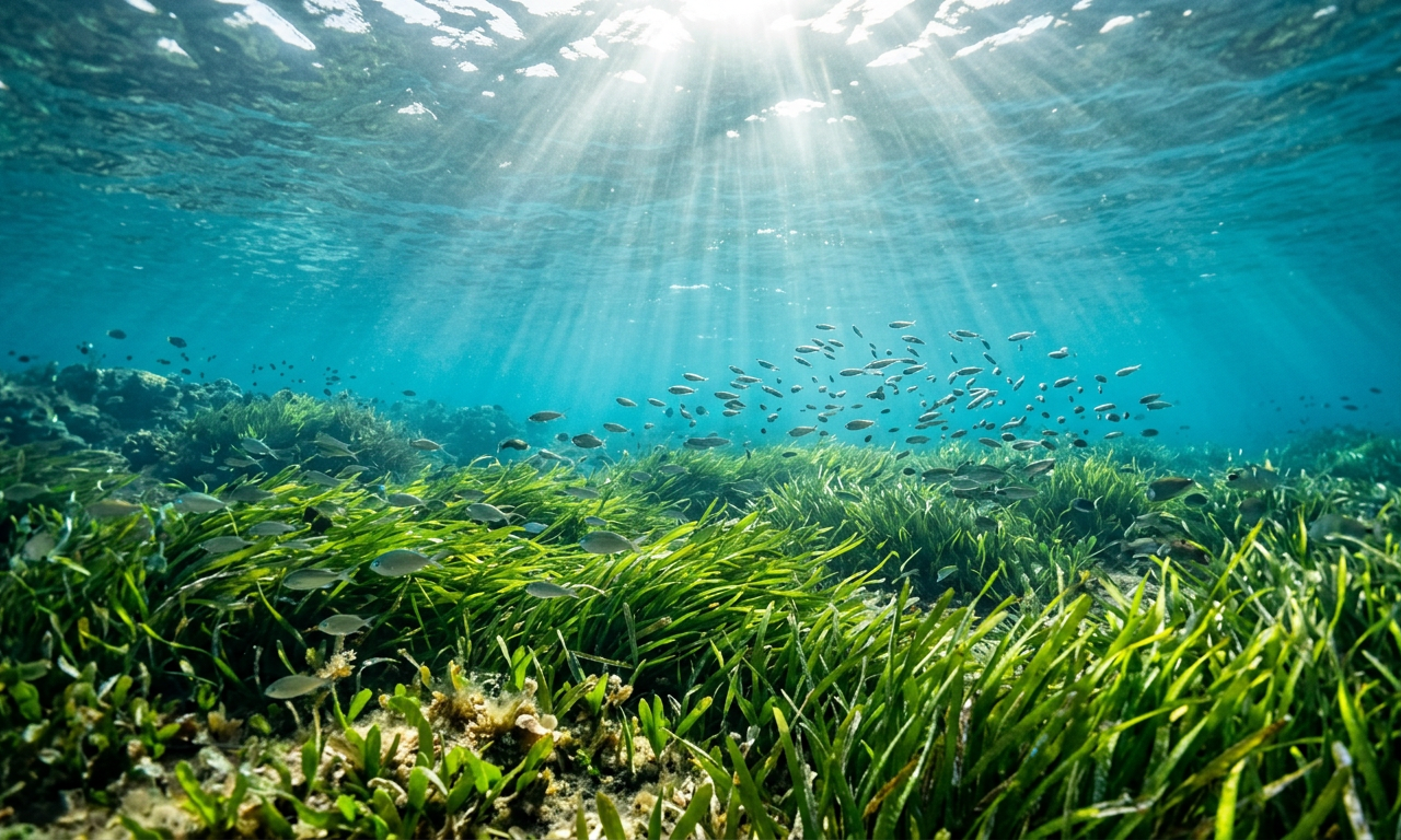 Una pradera de Posidonia oceánica en el Mediterráneo español iluminada por rayos de sol, simbolizando la salud marina necesaria para la Seafood Watch List.