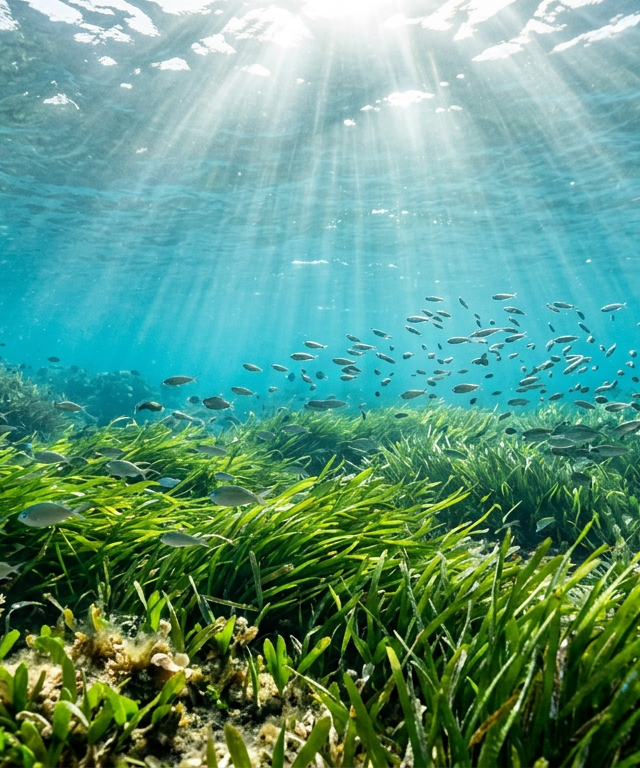 Una pradera de Posidonia oceánica en el Mediterráneo español iluminada por rayos de sol, simbolizando la salud marina necesaria para la Seafood Watch List.