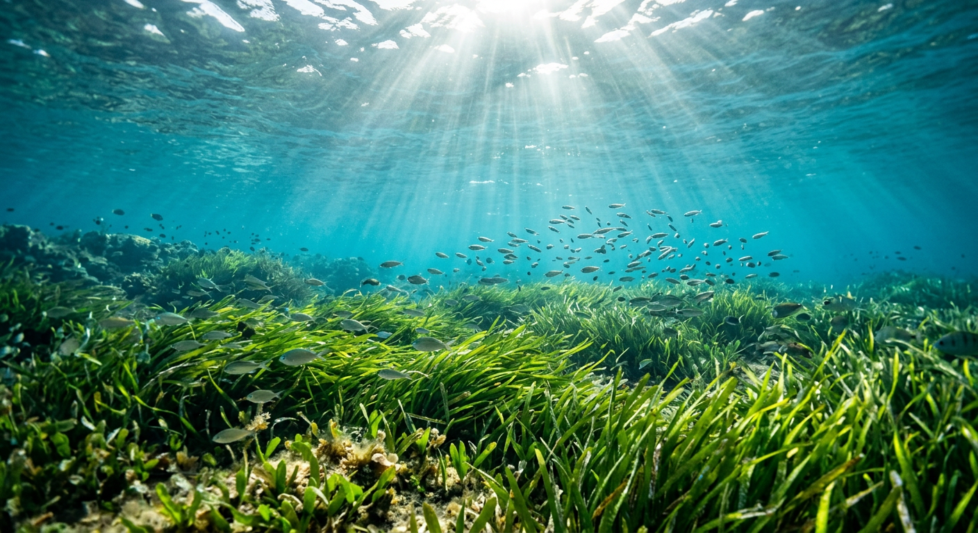 Una pradera de Posidonia oceánica en el Mediterráneo español iluminada por rayos de sol, simbolizando la salud marina necesaria para la Seafood Watch List.