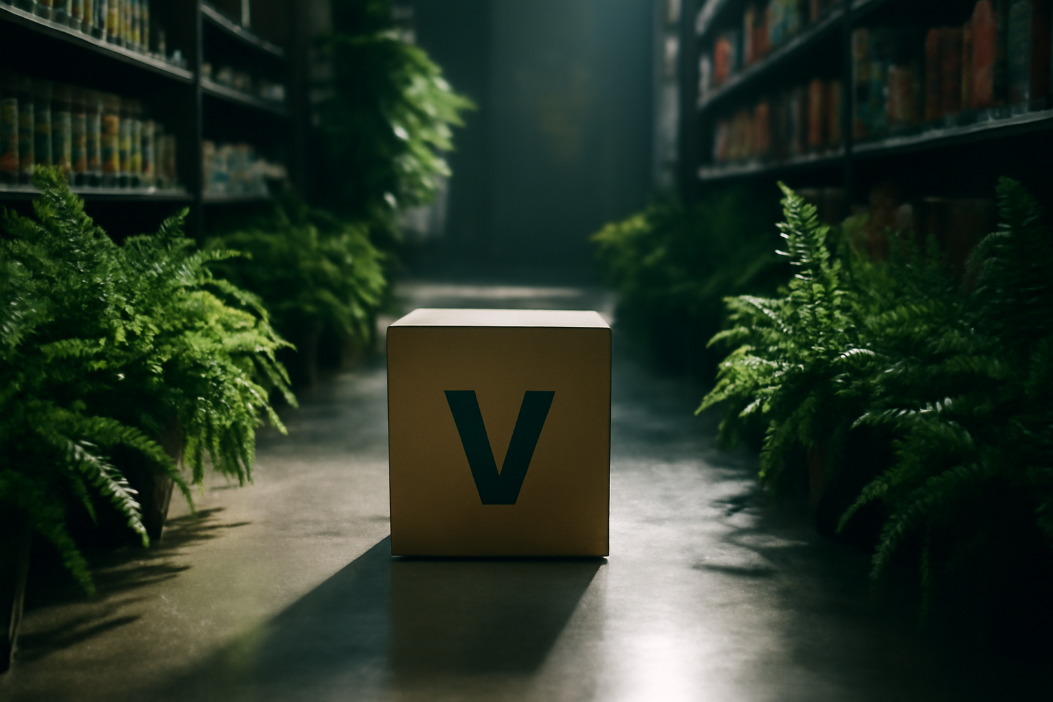 Un produit végan friendly posé sur une étagère épurée illustrant le contraste entre marketing écologique et réalité industrielle.